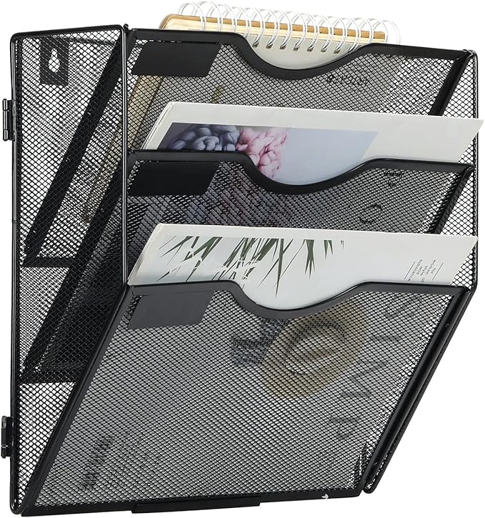 EasyPAG 3 Pocket Wall File Organizer, Black | Metal Mesh Wall Mounted File Holder | Assembly Hanging Mail Organizer | Replaceable Classify Labels | Office Home Letter Size Paper Storage