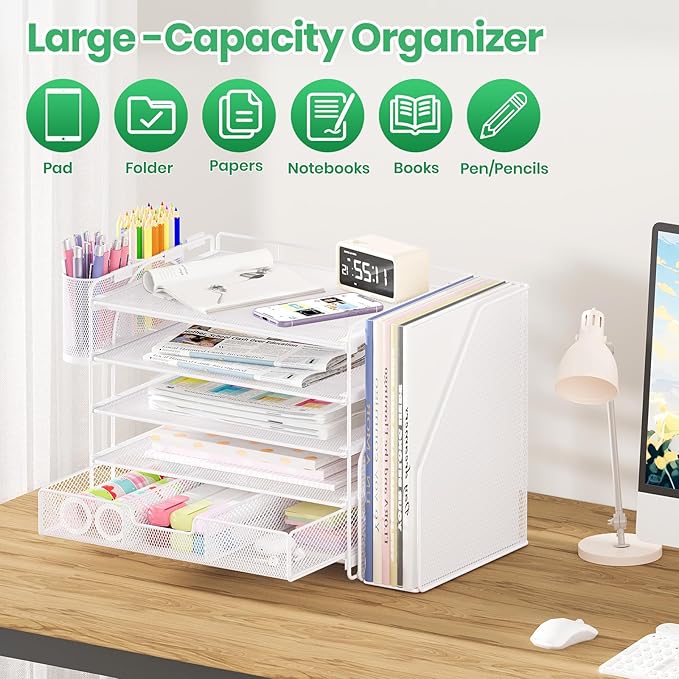 Desk Organizers and Accessories, 5-Tier Paper File Organizer with Drawer & Pen Holder, Office Desk Accessories Workspace Desktop Organizer for Office Supplies (White)-NeatNest