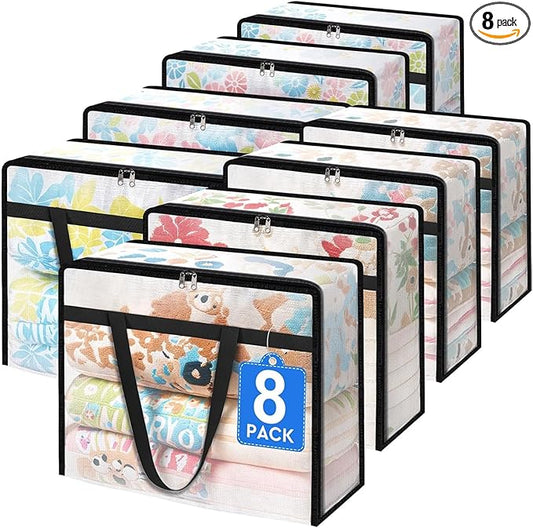 BlissTotes 8 Pack Clear Clothes Storage Bags, Under Bed Storage Containers, Foldable Blanket Storage Moving Bags with Sturdy Zipper and Handle for Clothing, Comforter, Bedding, Sheet (40L)-NeatNest