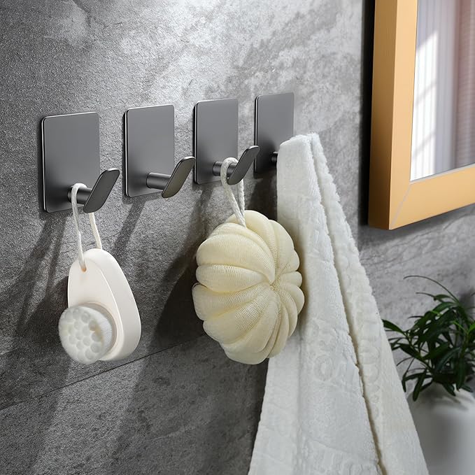 Taozun 4 Pack Sticky Adhesive Hooks - No Damage Wall/Door Hangers for Bathroom Towels, Coats, Purses, Keys - Stainless Steel, Ideal for Dorms & Home, Grey