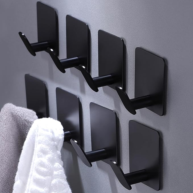 DELITON 8 Pack Adhesive Towel Hooks - Bathroom Towel Hooks/Wall Hooks for Hanging Coat Robe Stick on Bathroom or Kitchen Matte Black Stainless Steel-NeatNest