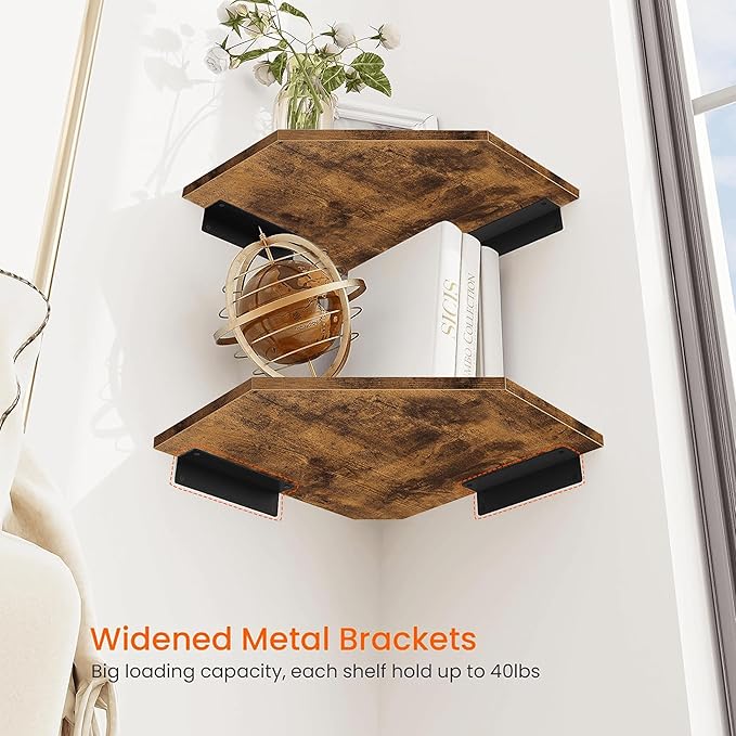 Homode Corner Shelf Wall Mount, Set of 4 Floating Corner Shelves with Cord Hole for Cable Box, Wood Corner Hanging Shelves for Bathroom Bedroom Kitchen, Rustic Brown-NeatNest