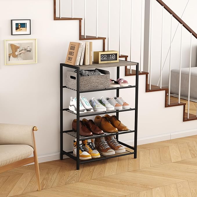 HOMEFORT 5 Tiers Shoe Rack Organizer,23" Shoe Storage Shelf for Closet, Shoe Rack for Entryway, Each Tier Fits 3 Pairs, Shoe Stand with Metal Shelves and MDF Top Board, Washed Gray-NeatNest