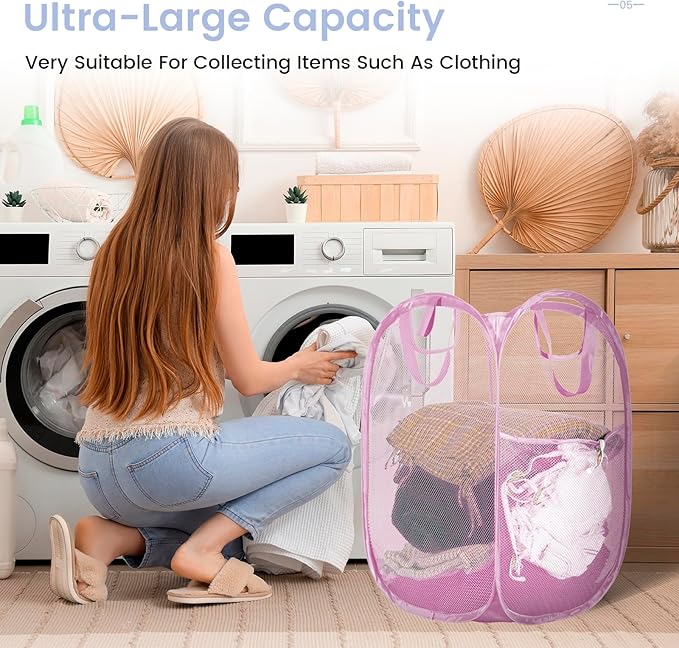 2 Pack Strong Mesh Pop-up Laundry Hamper, Quality Pop Up Hampers for Laundry with Durable Handles Solid Bottom High Carbon Steel Frame, Easy to Open and Fold Flat for Storage(Light Pink)-NeatNest