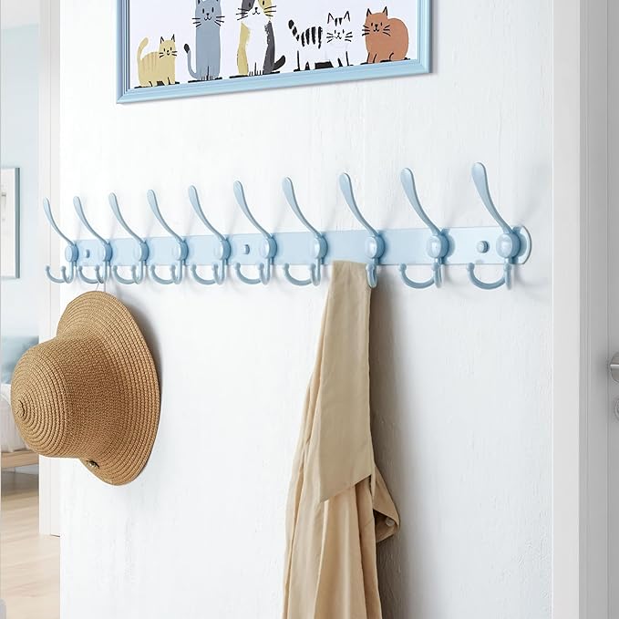 Dseap Coat Rack Wall Mount - 38” Long 10-Tri-Hooks Heavy Duty Coat Hanger Rail Wall Hooks for Hanging Coats Hats Clothing Clothes Purse Mudroom Entryway, Blue, Pack of 2-NeatNest