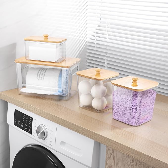 Extra Large Trash Bag Holder 4 Pack Garbage Bag Dispenser Roll Holder with Lid Laundry Room Organizer Under Sink Stackable Storage, Wall Mounted Laundry Dryer Sheet Holder Clear Pod Container