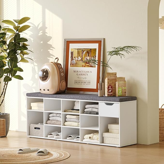 DINZI LVJ Shoe Bench, Entryway Storage Bench with Drawer and 14 Cubbies, Long Cubby Shoe Rack with Adjustable Shelves, Organizer for Living Room, Bedroom, Mudroom, Garage, White-NeatNest
