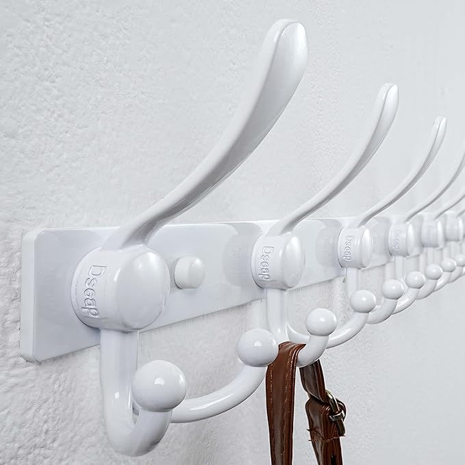 Dseap MaxStrong 2.0 Coat Rack Wall - 37” Long 10 Tri Hooks - Ultra Heavy-Duty Stainless Steel Wall Mount Coat Hanger, Hook Rail for Clothes Hats Jacket Towels White, Pack of 2