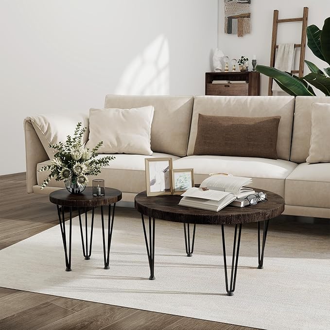 Fun Memories Round Coffee Table - Elm Wood Nesting Table with Metal Legs & Non Slip Feet Base - Rustic Nesting End Tables for Living Room Bedroom - 27.5" D x 27.5" W x 16" H - Walnut Color