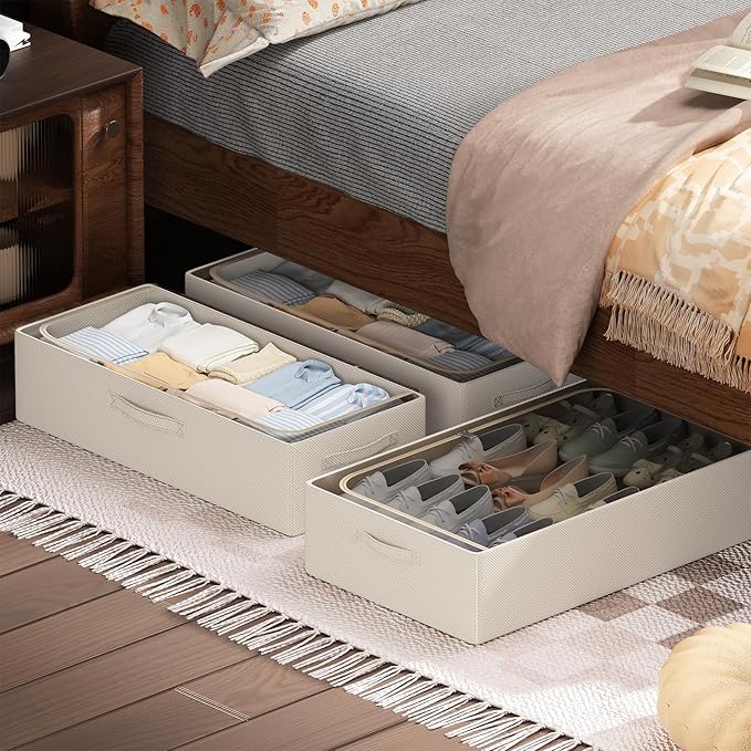 3Pcs Under Bed Storage Bins with Metal Frame - Shoe Organizer for Closet with Clear Cover Oxford Fabric Sturdy Underbed Container Foldable Stackable Clothes Organizer (Beige, 23.5x11.8x6.3)-NeatNest