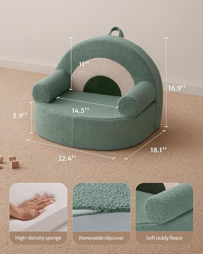 Blissful Diary Toddler Chair Comfy, Foam Kids Chair with Soft Teddy Plush, Toddler Reading Chair with Cute Arclet Designs- Sage Green-NeatNest