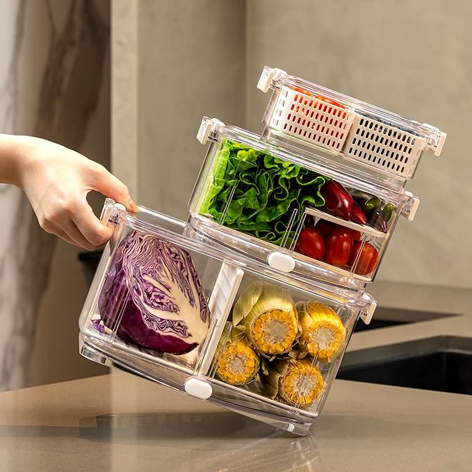 Felli Duo Fresh Produce Saver, ALL IN ONE Fridge Fruit Vegetable Container for Wash & Store with Vent & Drain Trays, Colander Strainer Bin for Refrigerator, Watermelon Berry Storage Keeper, Gifts