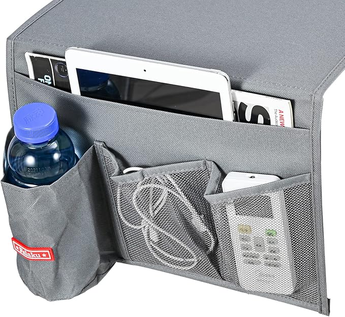 Bedside Caddy, 4 Pockets Bedside Organizer Caddy Under Mattress,Holds Water Bottles,Magazines,Books (Classic 4 Pockets-Grey)-NeatNest