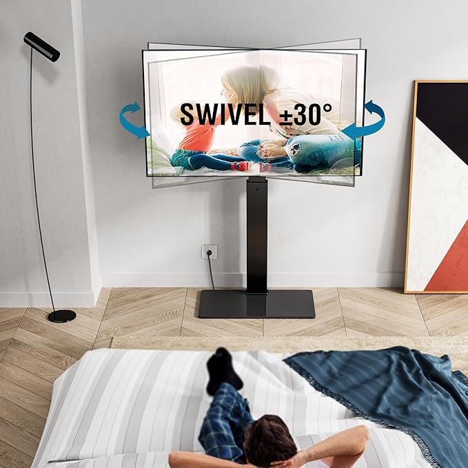 FITUEYES Floor TV Stand for 32-75 inch TV with Power Outlet, Tall TV Stand for Bedroom Living Room with Tempered Glass Base, Floor TV Mount Holds Up to 88lbs MAX VESA 600x400mm,Black-NeatNest