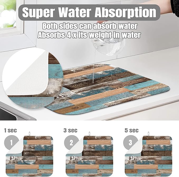 Dish Drying Mat for Kitchen Counter Large 18" x 24" Farmhouse Rustic Wood Absorbent Microfiber Dishes Drainer Rack Mats Pad Reusable Washable