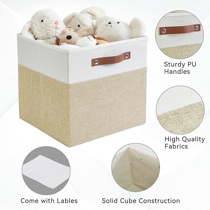 Collapsible Fabric Storage Cube Bins with 2 Reinforced PU Handles, Foldable Storage Organizer Baskets for Closet, Shelves, Living Room | 13"x13"x13", 4 Pack, Beige & White-NeatNest