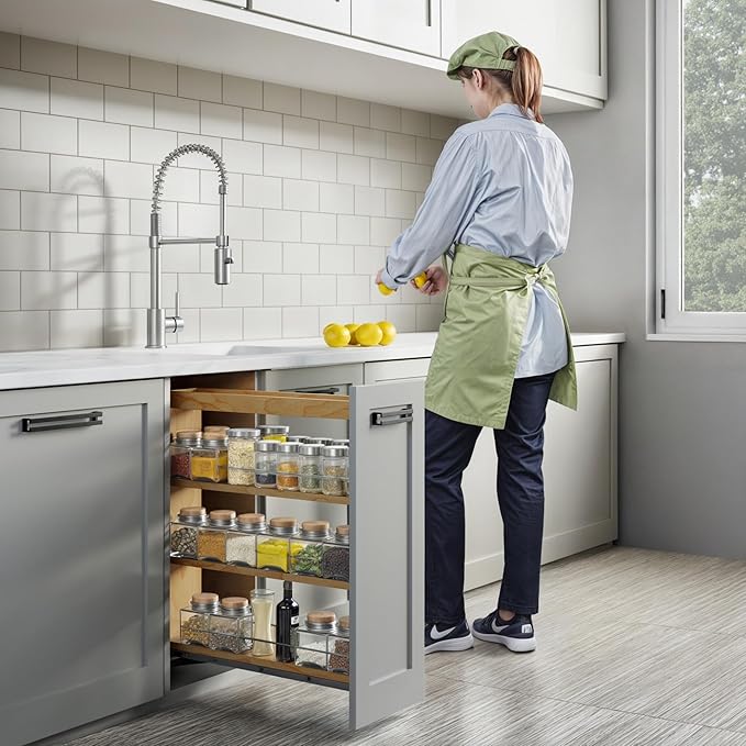 Dowell 5" Base Pull-out Spice Organizer with Adjustable Shelves for Base Kitchen Cabinet, Bottom Mounted Soft Close Slides - 4004 0524 | Soft-Close Wooden Slide Out Spice