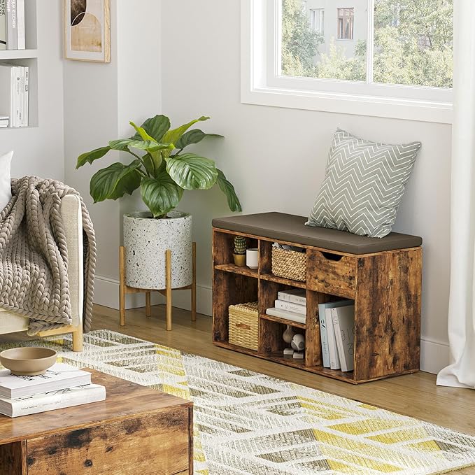 DINZI LVJ Shoe Bench, Entryway Storage Bench with Drawer and 8 Cubbies, Cubby Shoe Rack with Adjustable Shelves, Shoe Organizer Cabinet for Living Room, Bedroom, Mudroom and Garage, Rustic Brown-NeatNest