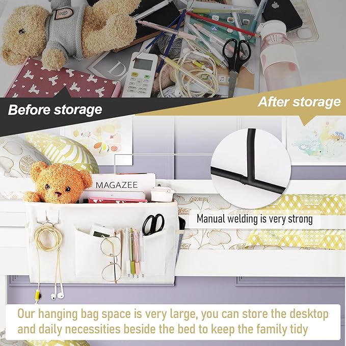 Bedside Caddy Bedside Organizer Hanging Storage Bag for Bunk College Dorm Bed and Hospital Beds with Magazine Water Bottle Phone Holder (2Pack White)-NeatNest