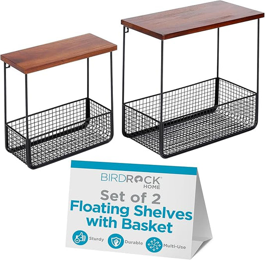 BIRDROCK HOME 2pc Floating Shelves with Basket - Wood Metal Wall Storage Shelf - Decorative Hanging Baskets for Bathroom, Bedroom, Living Room - Rustic Farmhouse - Small & Large - Black/Brown-NeatNest
