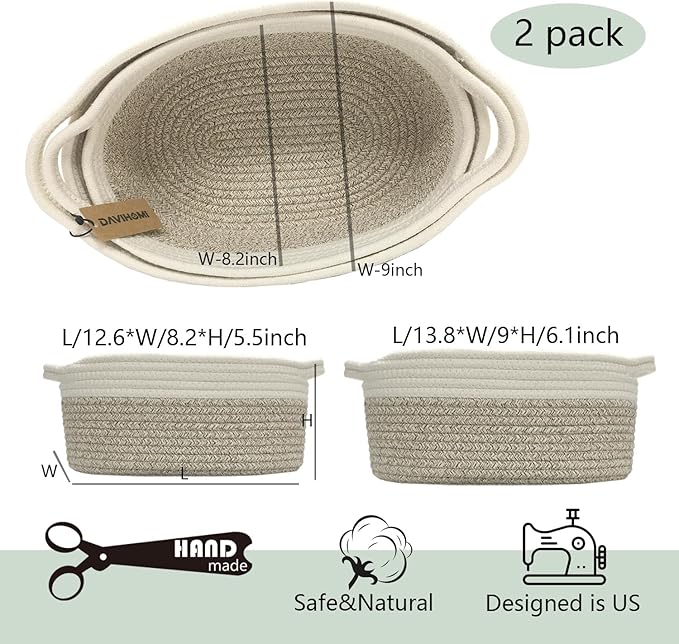 2PACK Oval Cotton Rope Storage Baskets (White Brown) for Bedroom, Living Room, Laundry Room & More
