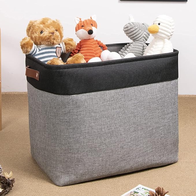 DULLEMELO Large Collapsible Storage Basket/Bin with Sturdy Leather Handles, Fabric Organizer Bin for Storage Clothes, Toys, Books, Office, Bedroom, Closet, Nursery & Laundry (Black&Gray)-NeatNest