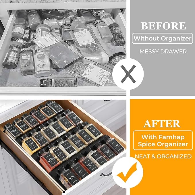 Famhap 6 Pack Spice Drawer Organizer with Labels and 36 Plastic Jars, Expandable from 11.7" to 23.2" Seasoning Rack Tray Insert for Kitchen Drawers, Spice Rack Drawer for Spice Jars-NeatNest