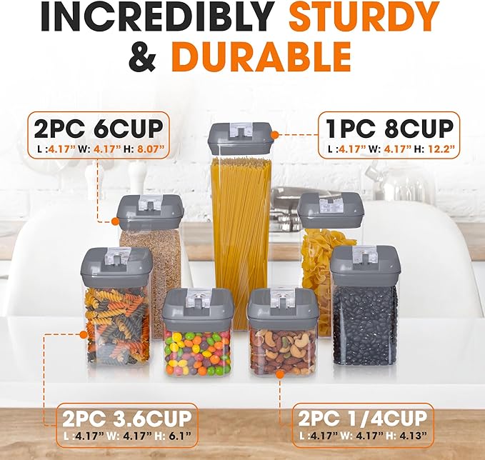 Cheer Collection Airtight Food Storage Containers, Kitchen Storage Containers for Pantry, Set of 7 Food Containers with Lids Airtight, Pantry Storage Containers & Organizers with Lids, Gray