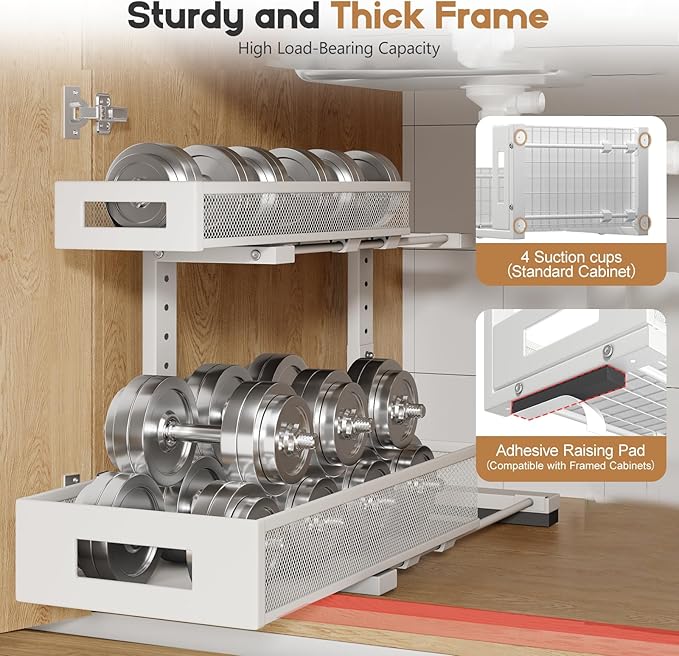1 Pack 17IN Depth Under Sink Storage Organizer, Large 2-Tier Elegant Mesh Pull Out Shelf for Kitchen and Bathroom Cabinet Organization, L-Shaped and Adjustable Height Design-White-NeatNest