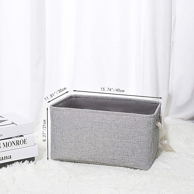 Fabric Storage Basket Set of 3, Foldable Linen Storage Box for Nursery and Home, Collapsible Canvas Shelf Basket for Wardrobe or Bedroom, Grey
