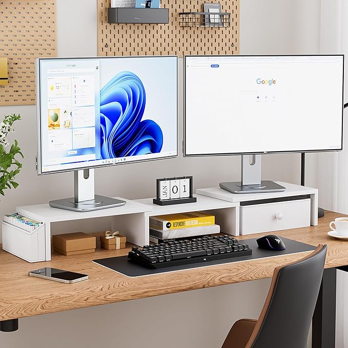 Dual Monitor Stand Riser, Adjustable Length & Swivel Angle Monitor Stand, Ergonomic Monitor Stand with Drawer & Side Pockets, Desktop Organizer and Office Desk Accessories, White