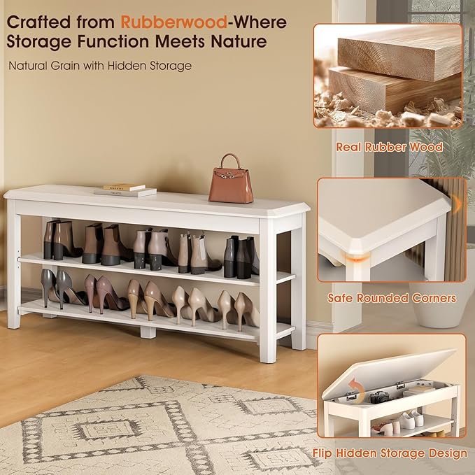 Shoe Rack Bench Seat Rubberwood 2-Tier Wooden Storage Bench 550lbs Compact Mid-Century Modern Design for Entryway, Hallway, Closet, Front Door Entrance, Foyer-NeatNest