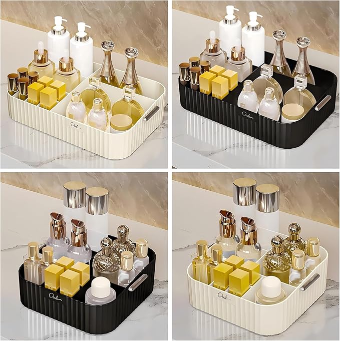 DASITON Large Capacity Makeup Organizer,12 Slots Makeup Brush Holder,Makeup Storage with Handle,Vintage Striped Cosmetic Organizer for Bathroom Countertops,Desk Storage Container(Cream)-NeatNest
