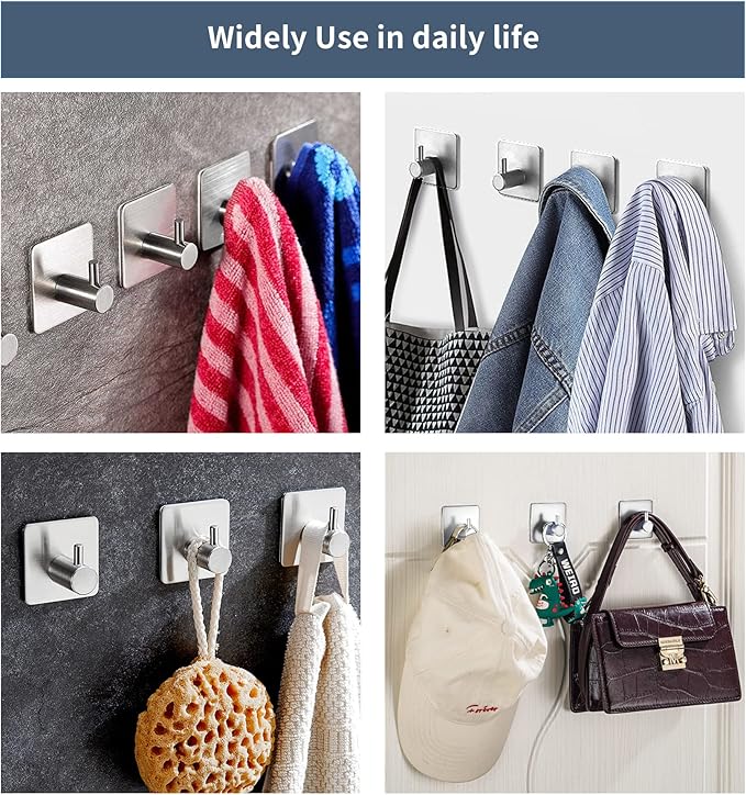 Adhesive Hooks, Waterproof Adhesive Shower Hanger Hooks for Hanging Loofah, Sponge, Robes Stainless Steel Stick on Shower Hooks for Bathrom Brush Nickel Removable Sticky Wall Hooks 4 Pcs
