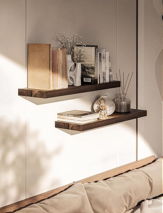 BATODA Set of 2 24" Acacia Floating Shelves for Wall – Rustic Farmhouse Wood Floating Shelf - Book Shelf for Wall & House Décor - DIY Floating Book Shelves - with Brackets & Hardware (Walnut Color)-NeatNest