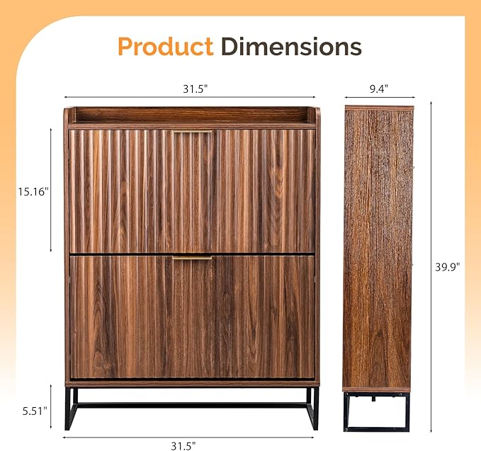 VINGLI Fluted Shoe Cabinet Storage for Entryway,Hidden Shoes Storage Cabinet with 2 Flip Drawers, Mid Century Modern Shoe Rack Organizer,Free Standing Shoes Organizer for Hallway(Dark Walnut)-NeatNest