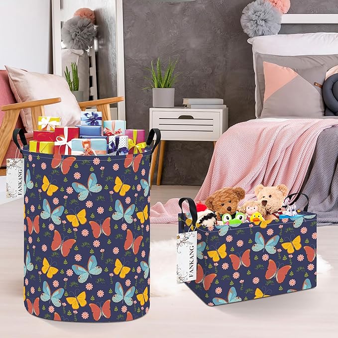 FANKANG Storage Basket, Nursery Hamper Canvas Laundry Basket Foldable with Waterproof PE Coating Large Storage Baskets for Kids Boys and Girls, Office, Bedroom, Clothes,Toys(Colorful Butterfly)