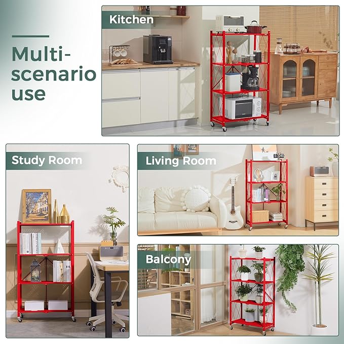 DEANIC 4 Tier Foldable Storage Shelves with Wheels, Large Capacity Shelving Unit, Freestanding Metal Wire Shelf Rack, No Assembly Organizer Rack for Garage Kitchen, Basement(Red)-NeatNest