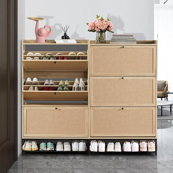 LEVNARY Shoe Storage Cabinet with 3 Flip Drawers, Freestanding Shoe Cabinet Storage Organizer for Entryway, Wooden Narrow Shoe Racks Cabinet with Metal Legs for Hallway (Natural Oak)-NeatNest