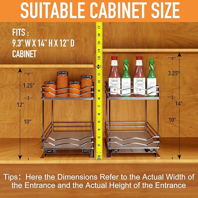 BBV Spice Rack Organizer, Double layer Seasoning Organizer for Cabinet Countertop, Kitchen, Pantry, Sliding Metal Chrome Spice Organization (9 inch)-NeatNest