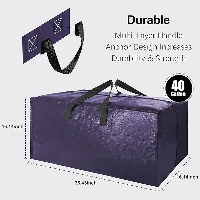 6 Pack Heavy Duty Extra Large Moving Bags W/Backpack Straps - Strong Handles & Zippers, Storage Totes For Space Saving, Fold Flat, Alternative to Box and Bin (40 gal, Semi-Transparent+Blue+Black)