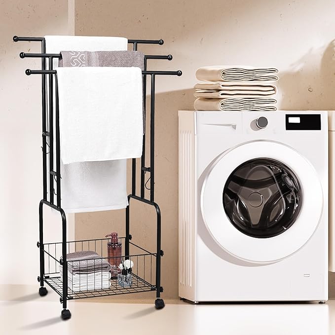 42" Tall Bathroom Towel Rack, Standing Towel Racks, 3 Tier Towel Holder with Storage Basket & 4 Hooks, Indoor Outdoor Freestanding Towel Racks with Anti-Skid Wheels, Pool Towel Blanket Stand