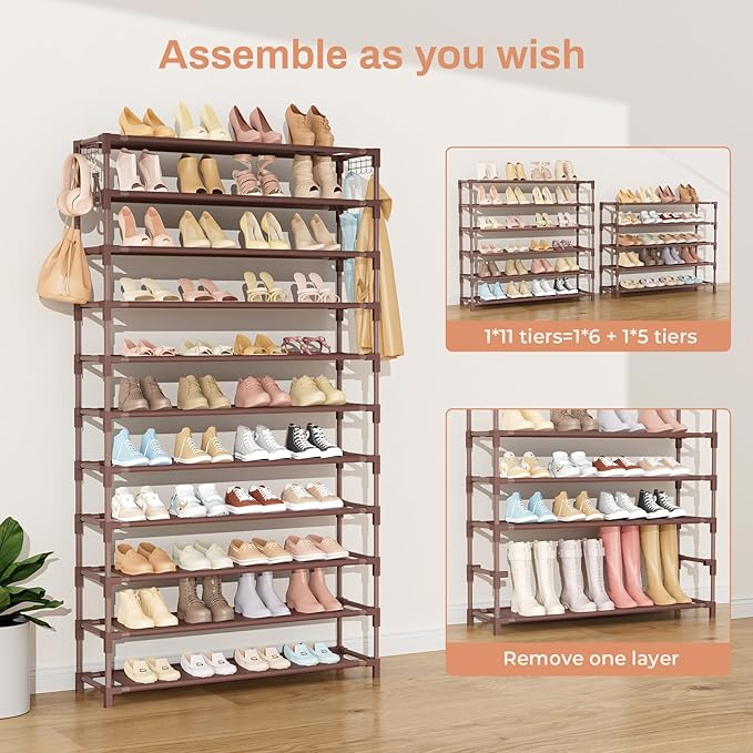 11 Tiers Tall Wide Shoe Rack 55 Pairs Large Capacity Sturdy Durable Shoe Rack for Closet Metal Shoe Organizer Shelf with Two Hooks Space Saving for Entryway Brown-NeatNest