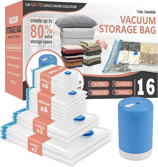 Cozy Essential 16 Pack Vacuum Storage Bags with Electric Pump, Vacuum Seal Space Saver Bags for Clothing, Pillows, Blanket, Bedding, Comforters-NeatNest