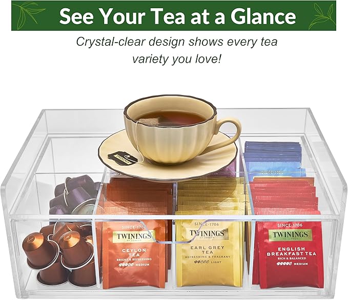 Acrylic Tea Station Organizer for Countertop - Tea Bag Organizer Drawer, Clear Lucite K Cup and Coffee Pod Storage box with 8 Compartments, Tea Caddy Creamer Holder Display Stand-NeatNest