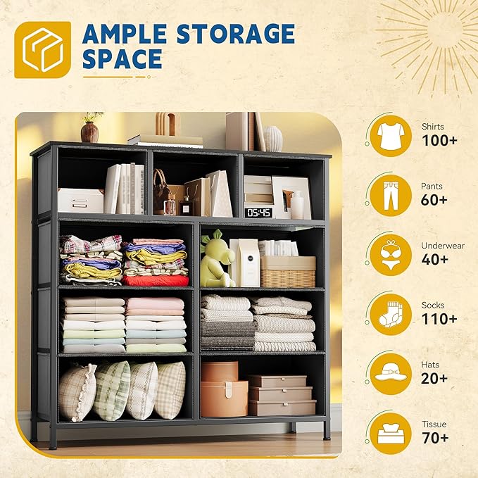 DWVO Dresser with 9 Drawers - Fabric Storage Tower, Organizer Unit for Living Room, Hallway - Sturdy Steel Frame, Wooden Top & Easy Pull Fabric Bins-NeatNest