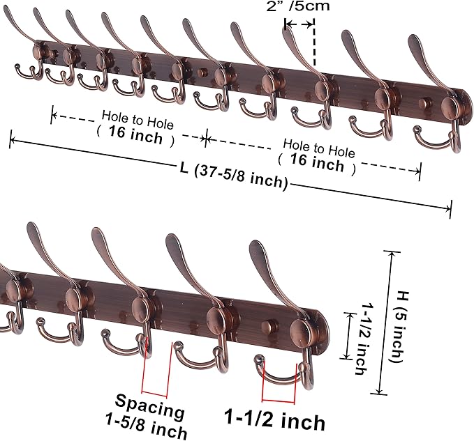 Dseap Coat Rack Wall Mount - 38” Long 10-Tri-Hooks Heavy Duty Coat Hanger Rail Wall Hooks for Hanging Coats Hats Clothing Clothes Purse Mudroom Entryway, Antique Copper, Pack of 2-NeatNest