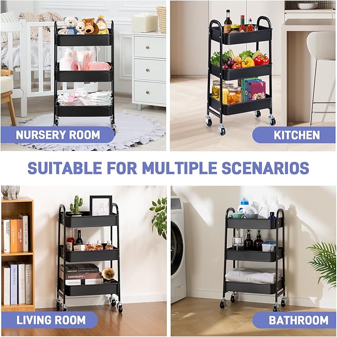 AGTEK 3-Tier Rolling Carts with Wheels, Rolling Utility Cart with Iron Frame for Kitchen, Plastic Shelves, Living Room, Office, Black
