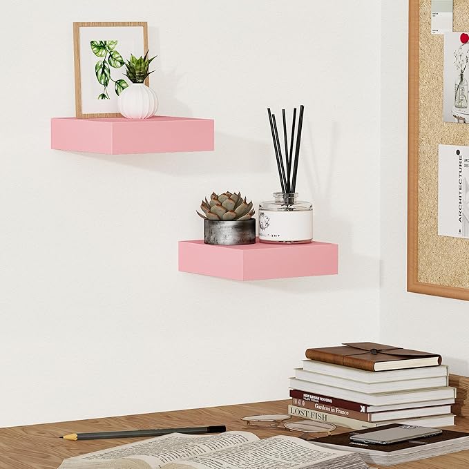 BAMEOS Pink Floating Shelves for Wall, 6" x 6" Wall Shelves for Room, Floating Book Shelves, Hanging Shelves for Bedroom, Bedroom, Living Room, Kitchen (Set of 2)-NeatNest
