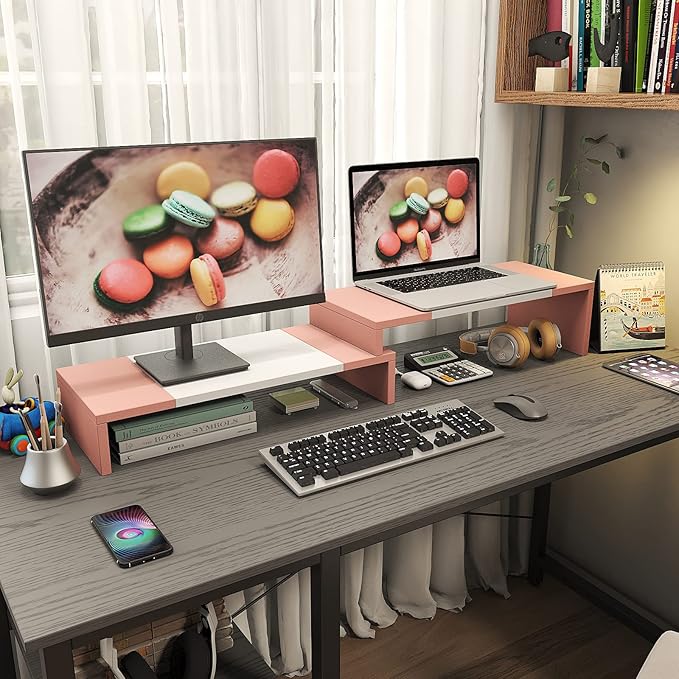 WESTREE Dual Monitor Stand - Monitor Stand Riser - 2 Shelf Computer Monitor Stand with Adjustable Length and Angle, Monitor Stands for 2 Monitors, Desktop Organizer Stand for PC, Computer, Laptop